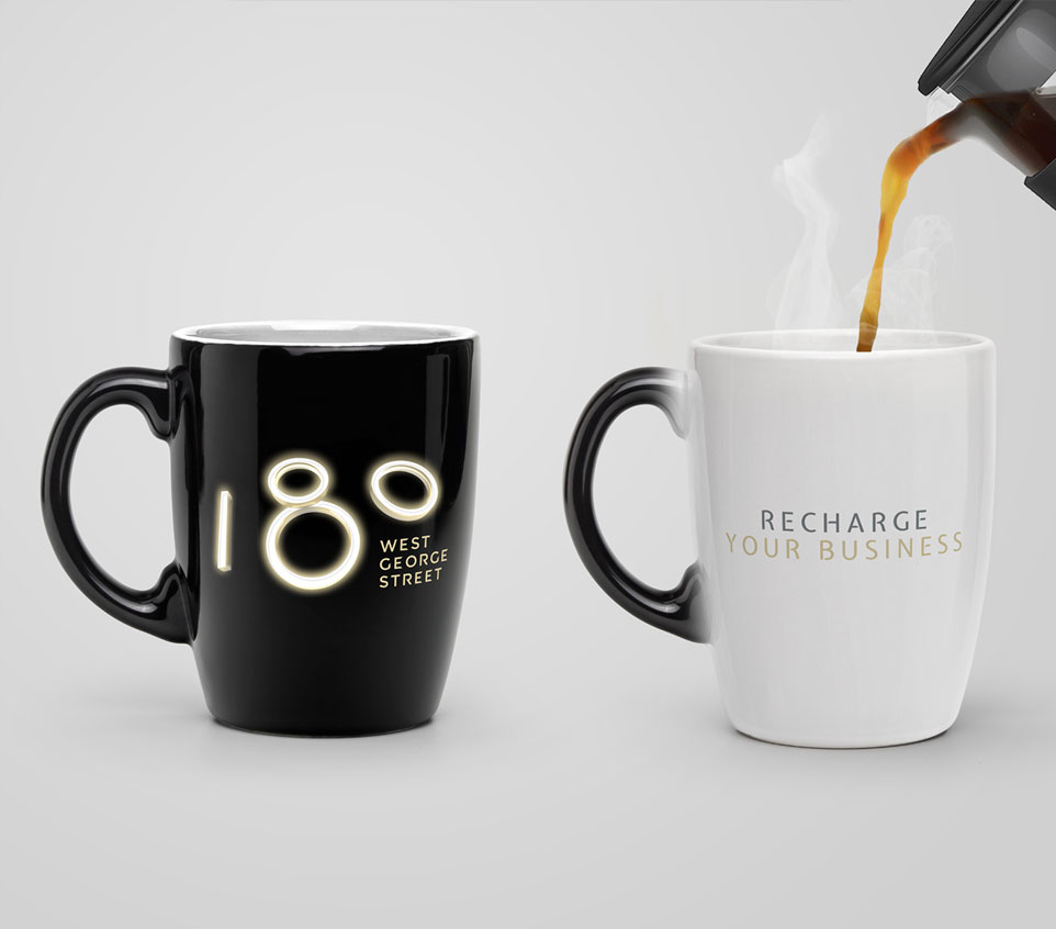 180 West George Street branded mugs